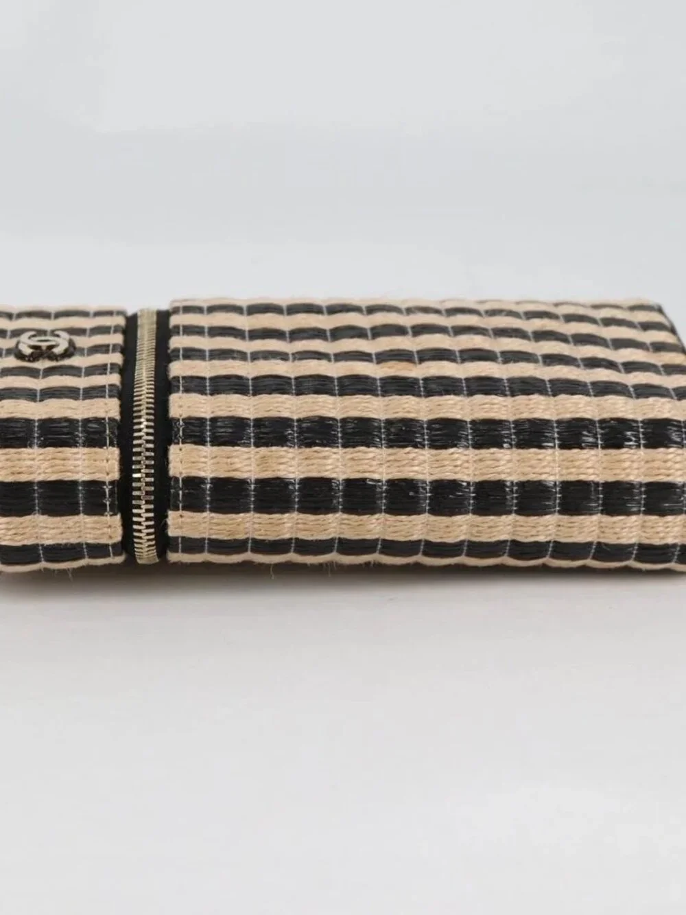 CHANEL Chain Phone Case Raffia Beige Gold CC Auth 140901SAM